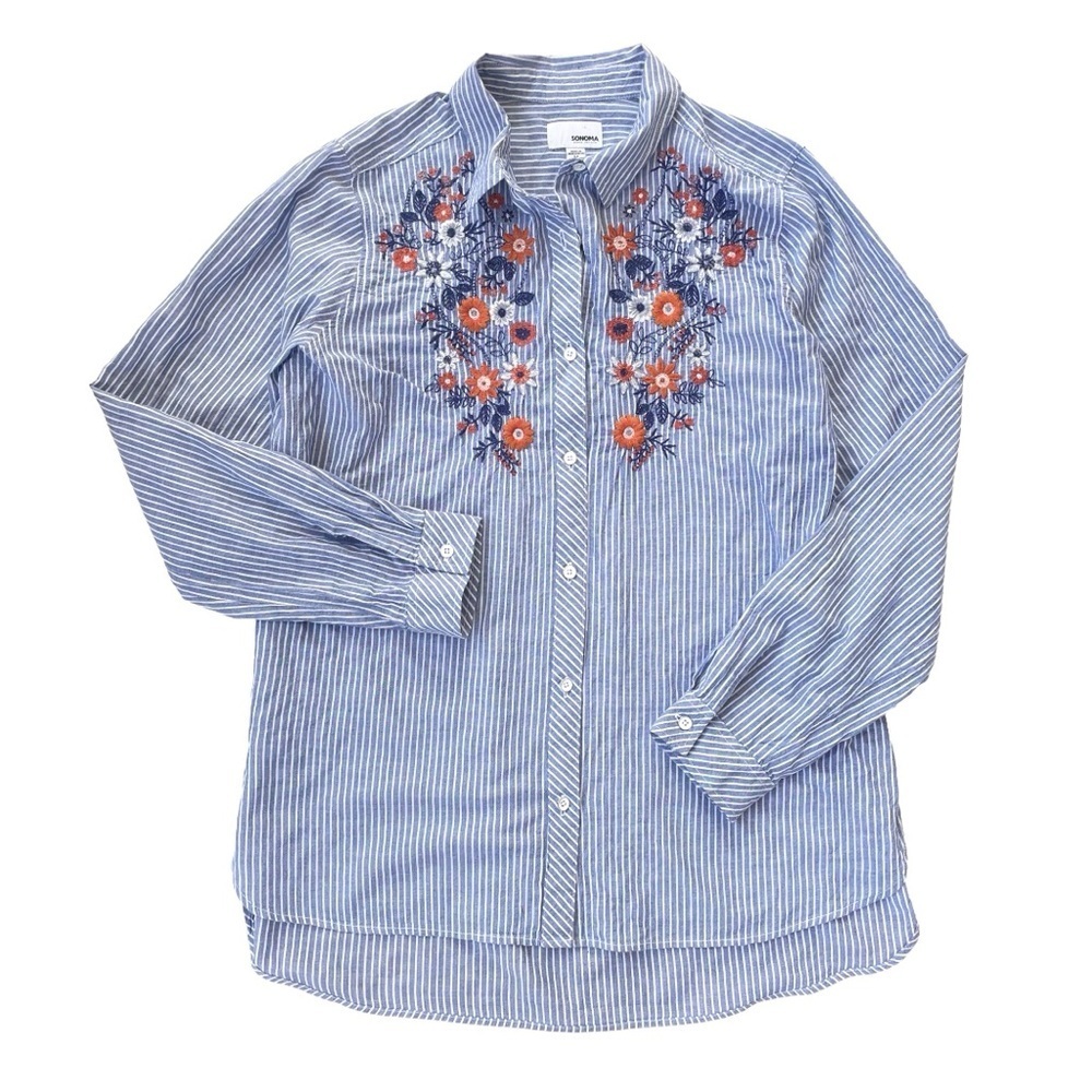 Sonoma Blue & White Striped Shirt, Flower Embroidery, Long Sleeve, Sz Medium - Picture 3 of 6